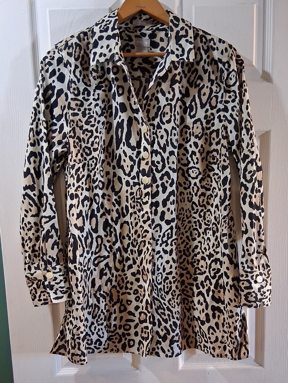 Chico's Beige and Black Leopard Print Button-Front Coatigan W/pockets